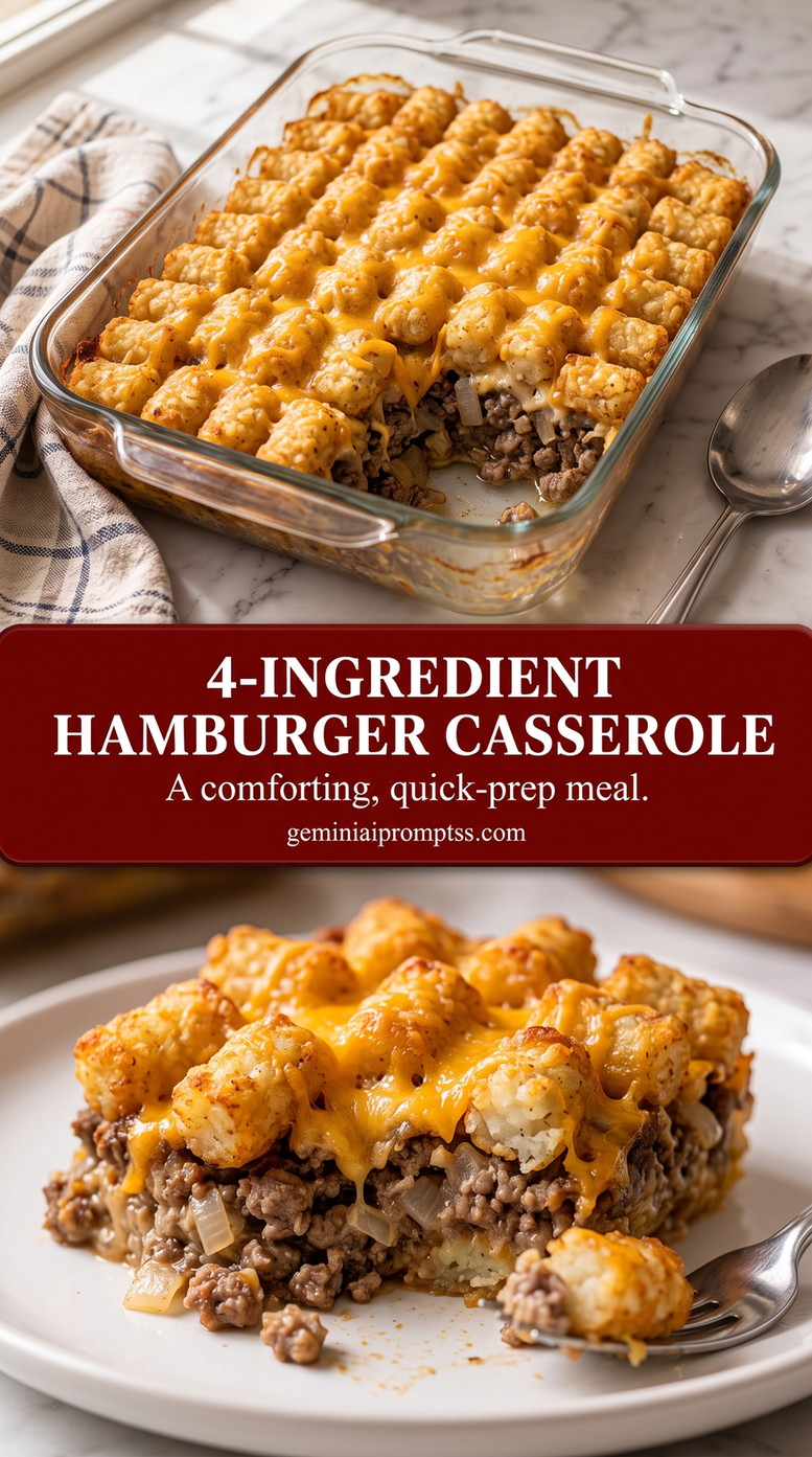 4-ingredient hamburger casserole with a simple hamburger casserole with ground beef, onion, a creamy cheese-style sauce, and golden tater tots