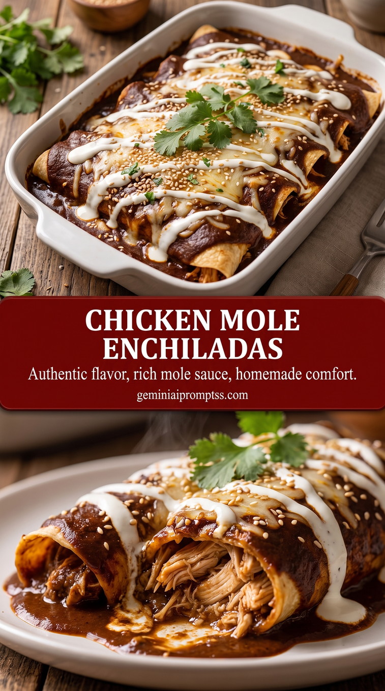 Chicken mole enchiladas showing baked chicken enchiladas covered with bubbling sauce and melted cheese