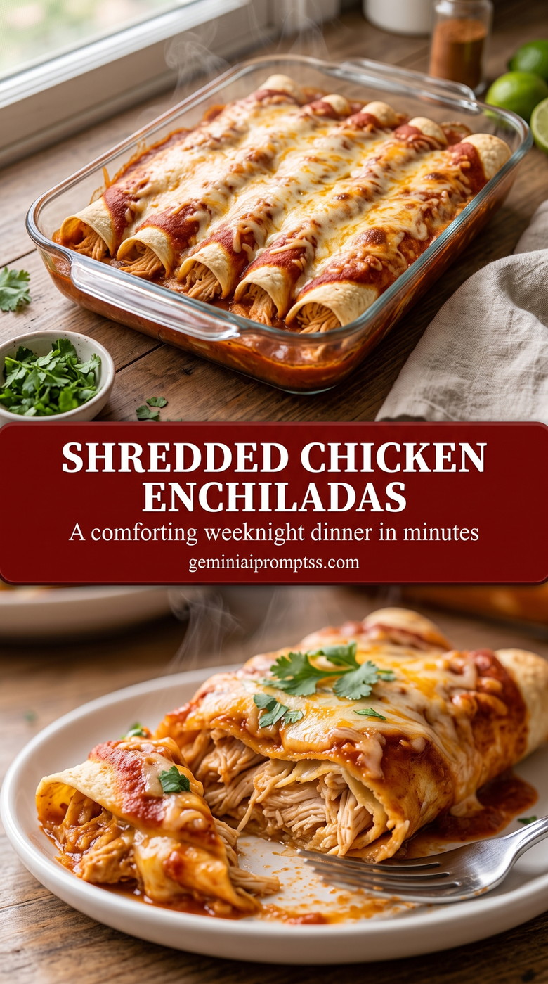 Shredded Chicken Enchiladas with rolled chicken enchiladas with red sauce, melted cheese, and a fresh green finish