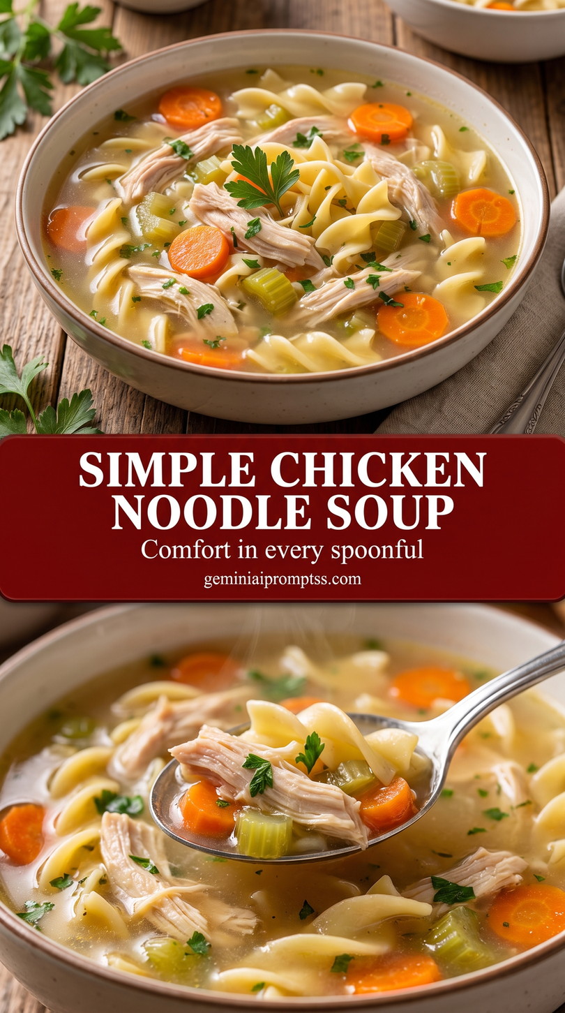 simple chicken noodle soup with classic vegetables with carrots, celery, chicken, and egg noodles