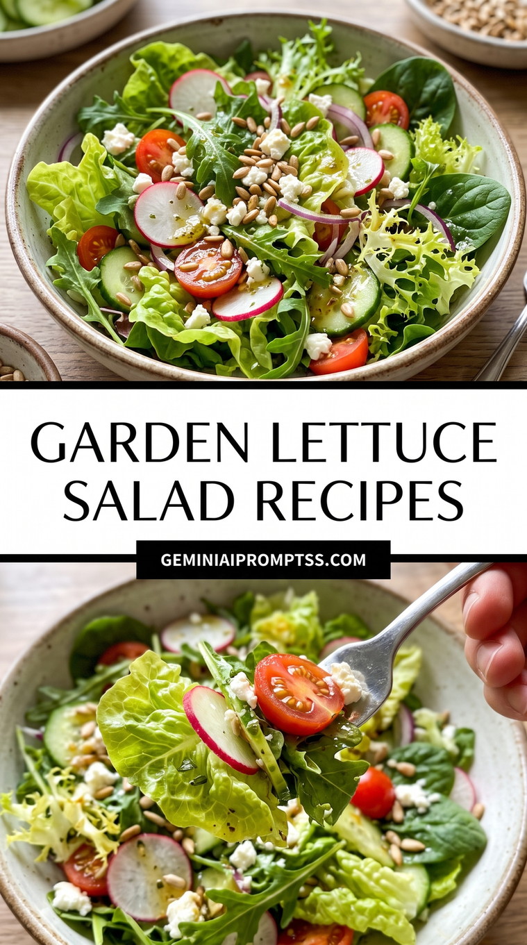 Garden Lettuce Salad Recipes showing mixed garden greens with tomato, radish, cucumber, seeds and crumbled white cheese