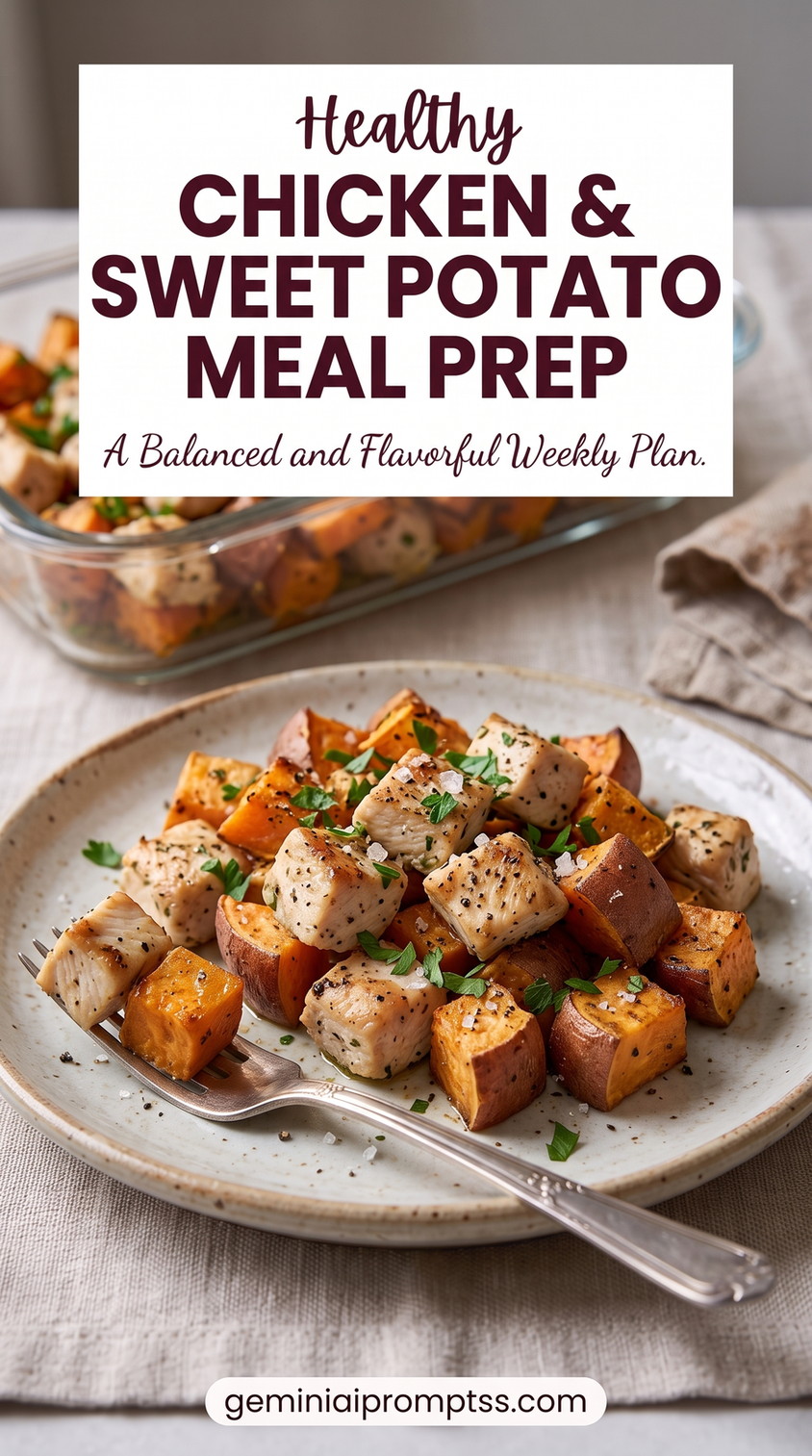 Chicken and sweet potato meal prep recipe showing rosemary chicken, caramelized sweet potato cubes, and red onion cooked on one pan