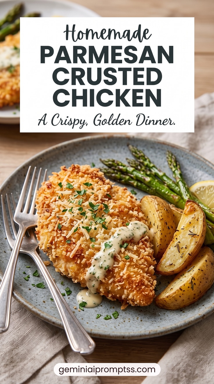 Parmesan-Crusted Chicken with Roasted Sides with chicken, golden Parmesan crust, herbs, roasted potatoes