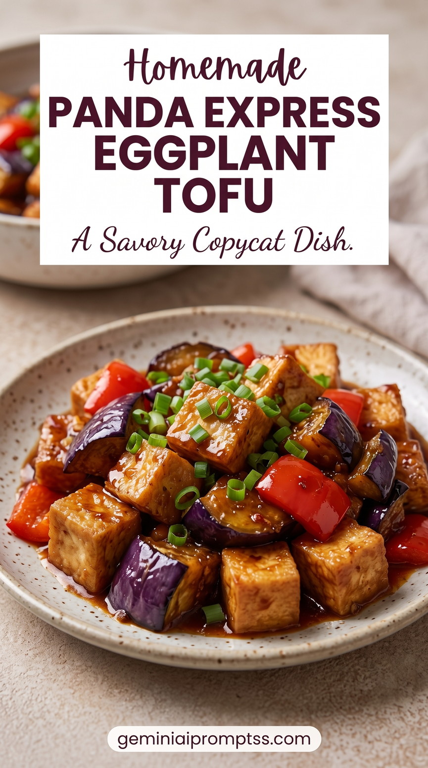 Copycat Panda Express Eggplant Tofu showing tofu cubes, eggplant, red bell pepper, and green onion in a glossy savory sauce