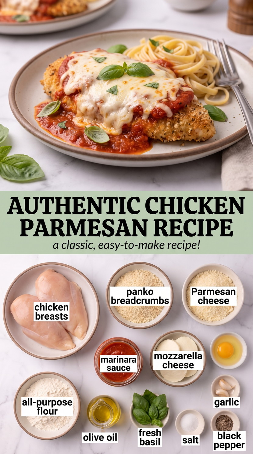 Authentic Chicken Parmesan Recipe - golden Parmesan-crusted chicken with a crisp cheesy coating