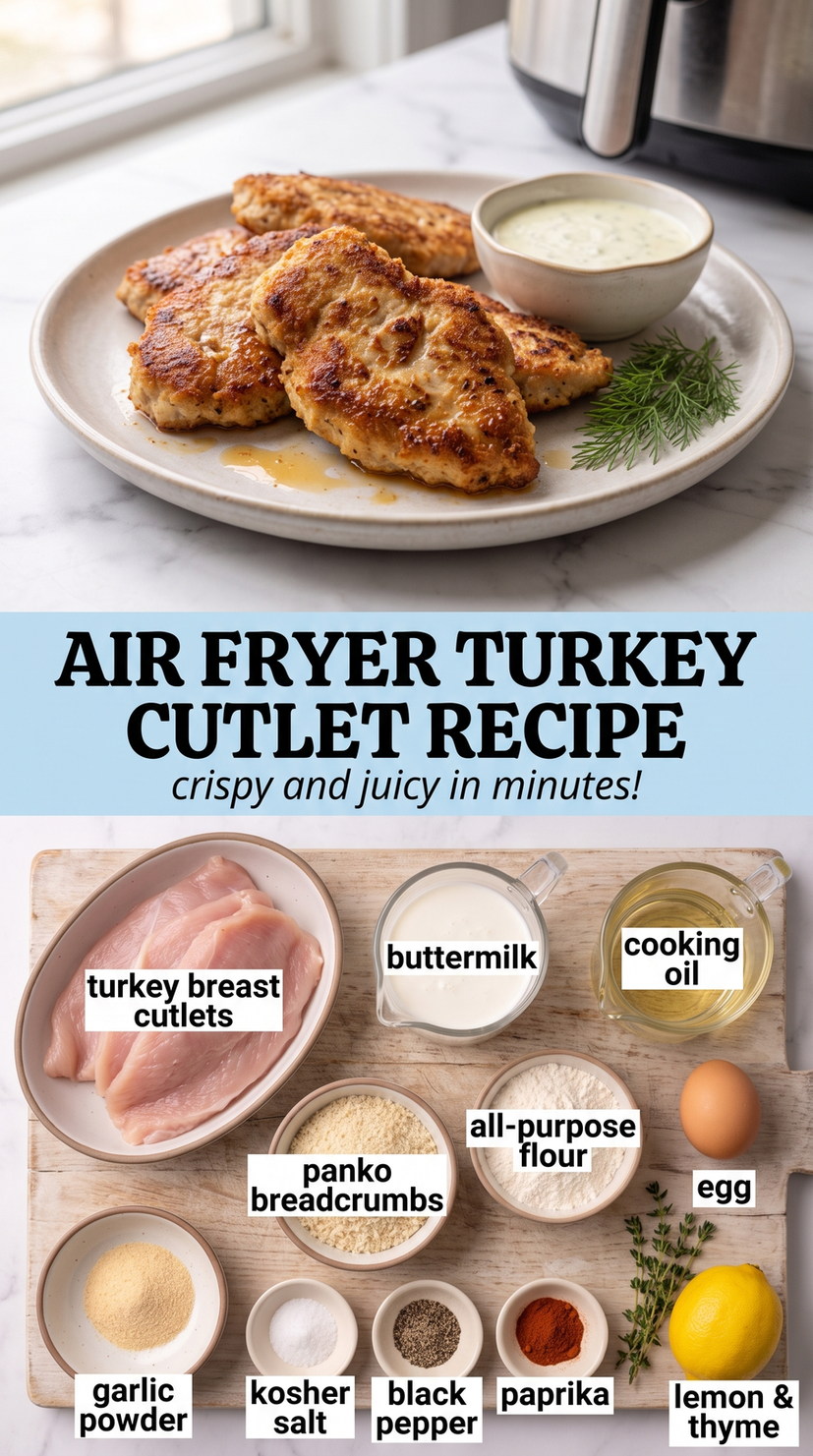 Air Fryer Turkey Cutlets with Parmesan Crust prepared as a finished air fryer turkey cutlet recipe recipe with browned cutlets ready to serve