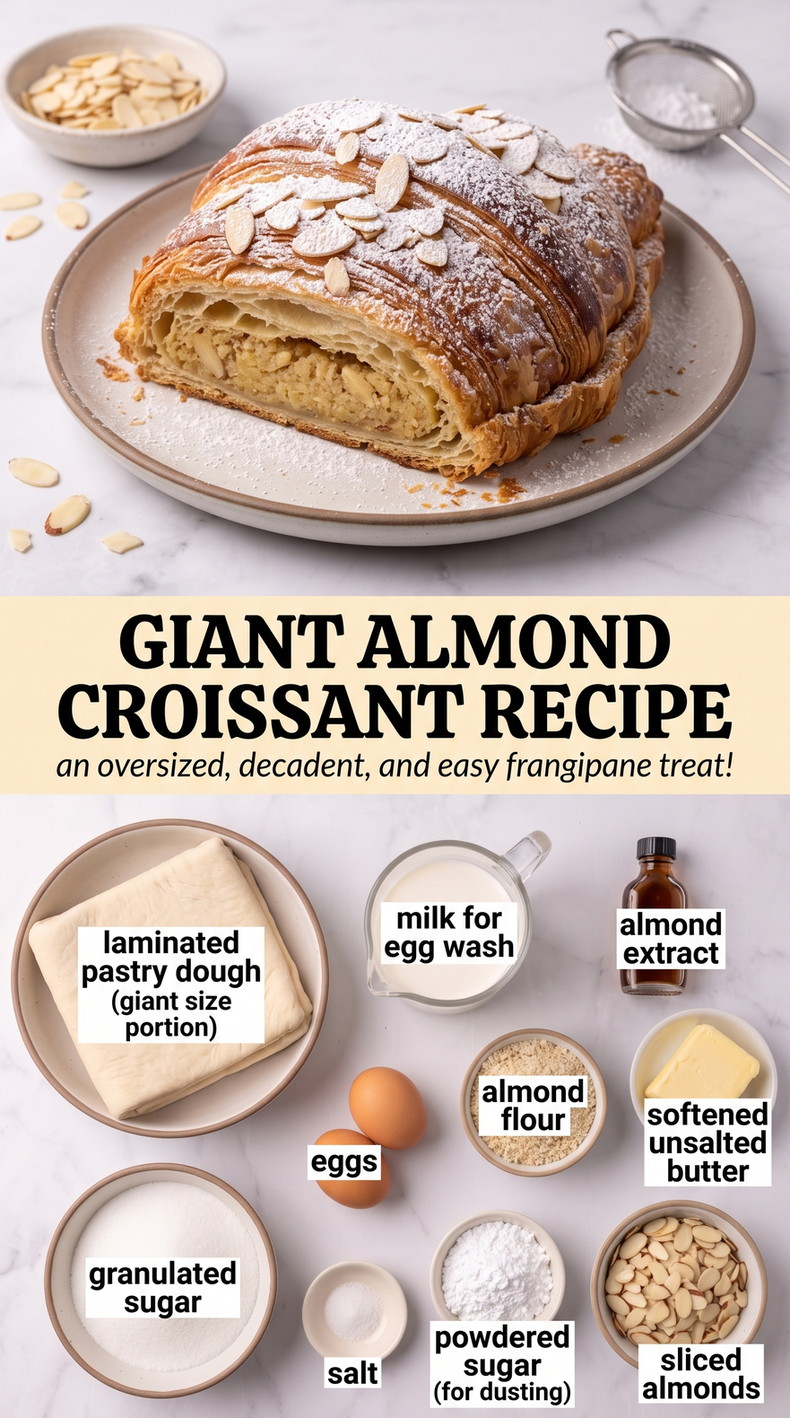 Giant Almond Croissant Recipe showing one oversized almond croissant with a thick frangipane center and sliced-almond crust