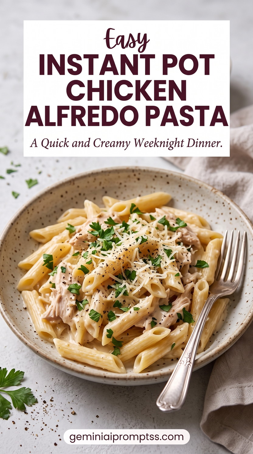 Instant Pot Chicken Alfredo Pasta with chicken, penne, a creamy Parmesan sauce, grated cheese, and fresh green herb garnish