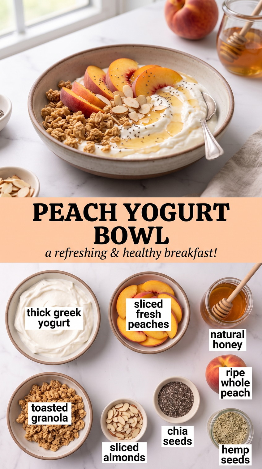 Peach Yogurt Bowl showing Greek yogurt with peaches, granola, almonds, chia, hemp, and honey
