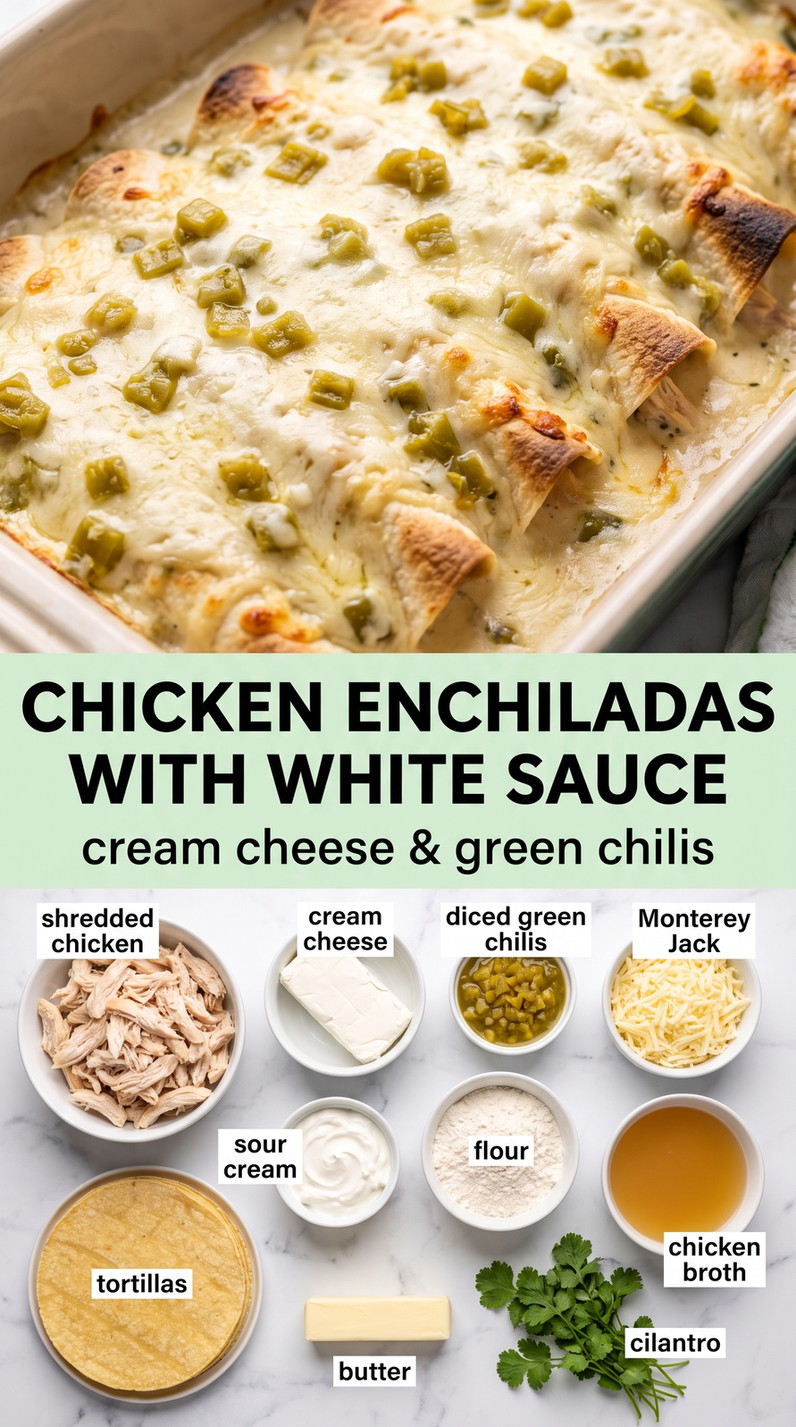 Chicken enchiladas with white sauce cream cheese green chilis showing rolled chicken enchiladas covered with sauce and melted cheese