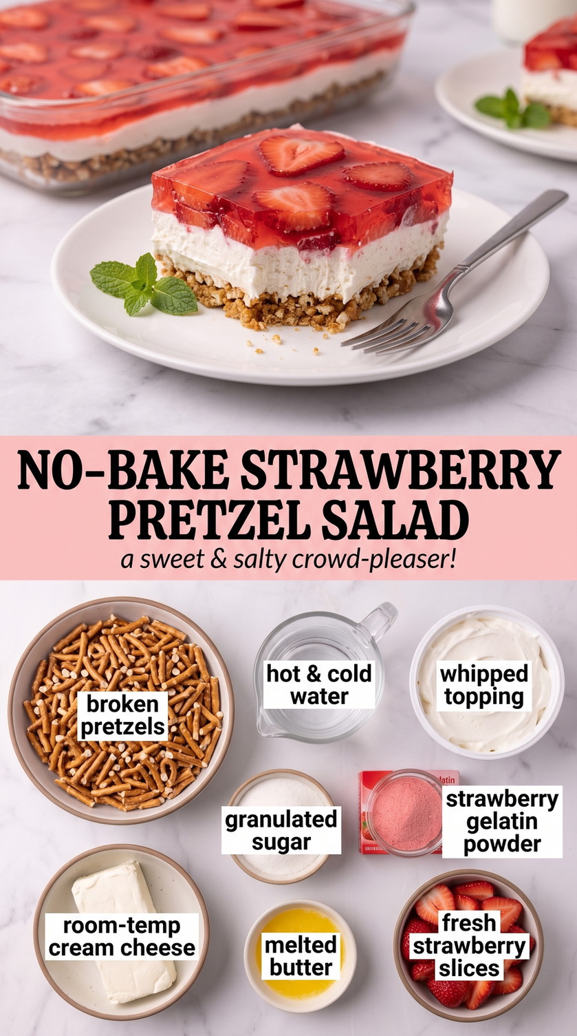 No-bake Strawberry Pretzel Salad with no-bake strawberry pretzel salad with a chilled buttery pretzel base, cream cheese, whipped topping, and fresh strawberry gelatin