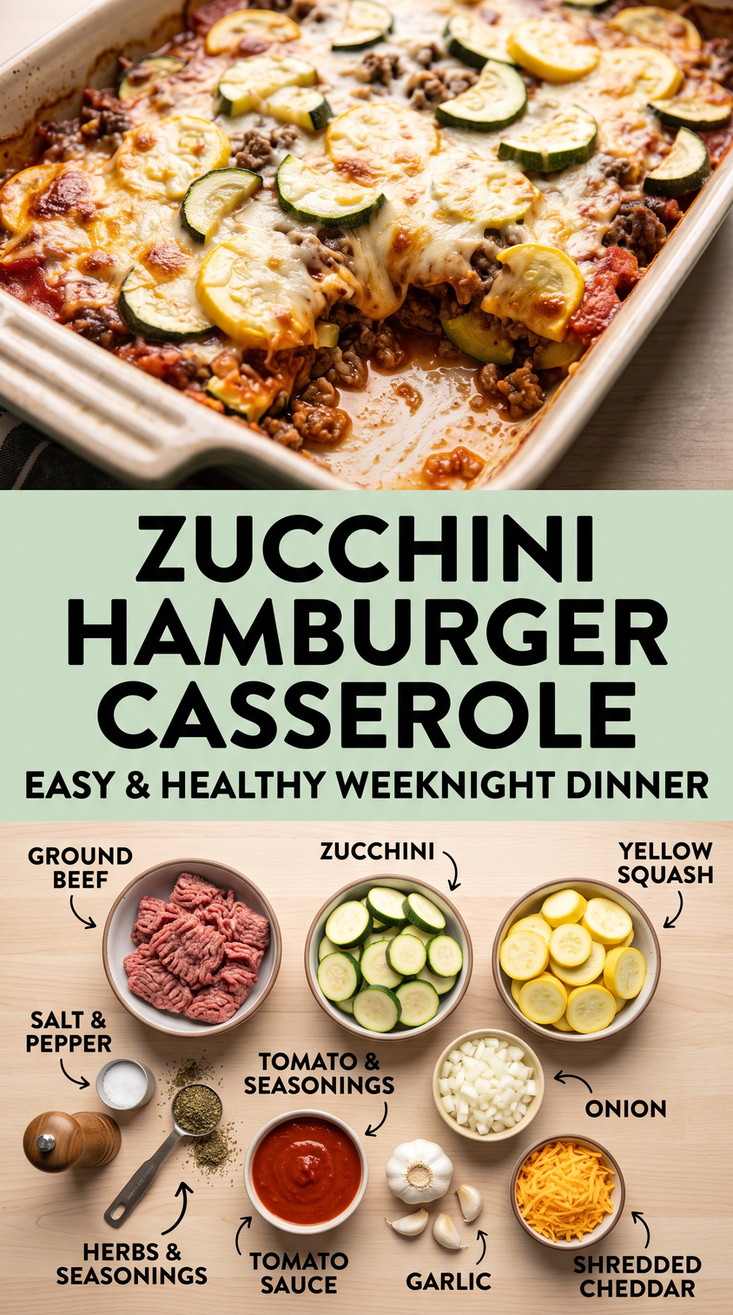 Zucchini Hamburger Casserole with zucchini hamburger casserole with zucchini, yellow squash, tomato sauce, onion, garlic, herbs, and cheddar