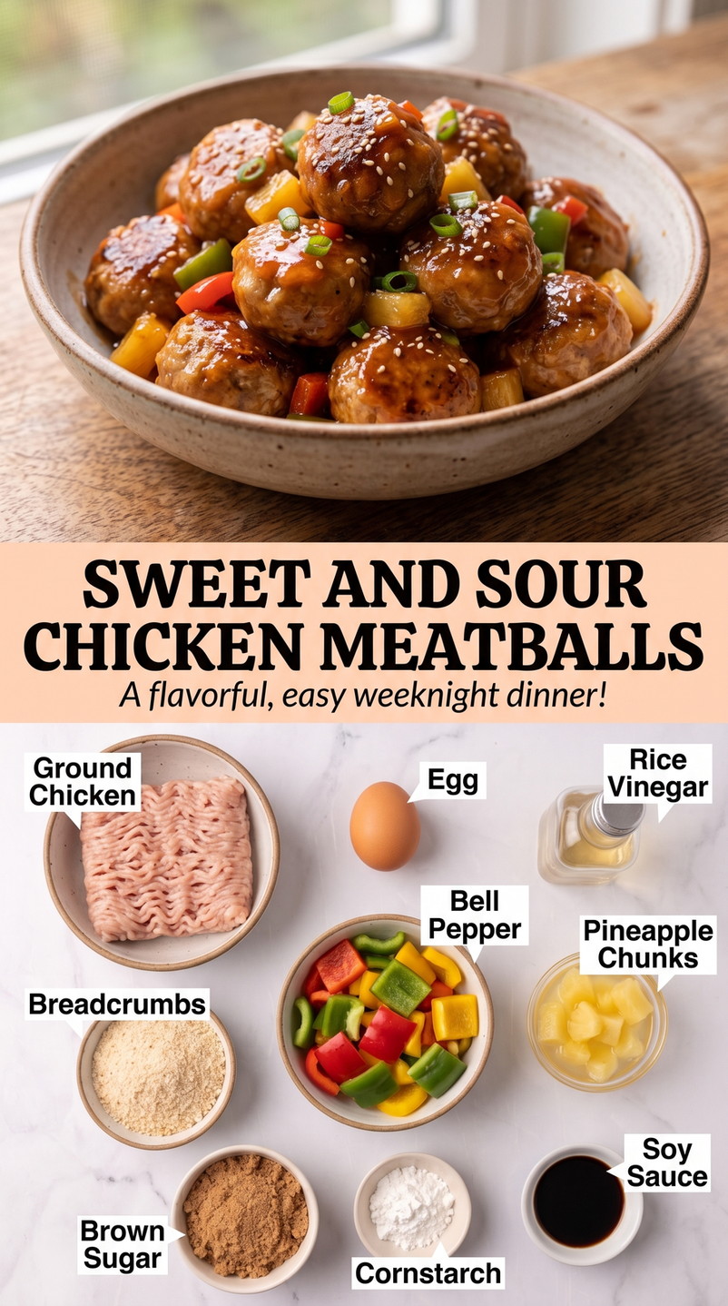 Sweet and sour chicken meatballs finished dish made with ground chicken, egg, and rice vinegar