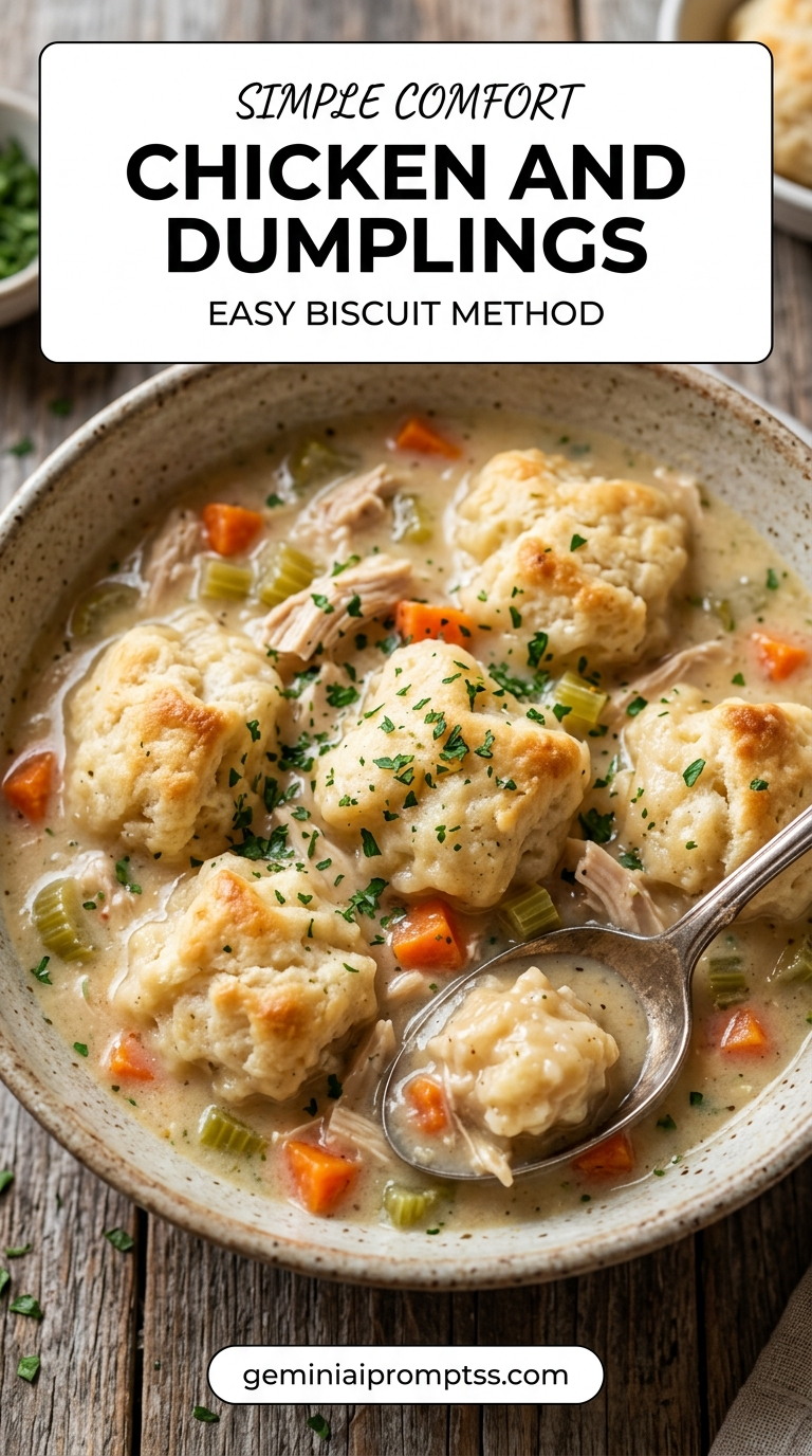 Chicken and Dumplings with Canned Biscuits showing quick chicken and dumplings with carrots, celery, and large biscuit-style dumplings in a creamy broth