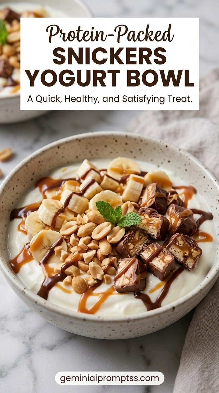Snickers Yogurt Bowl showing Greek yogurt with peanut butter, cocoa, dates, banana, peanuts, chocolate, and caramel