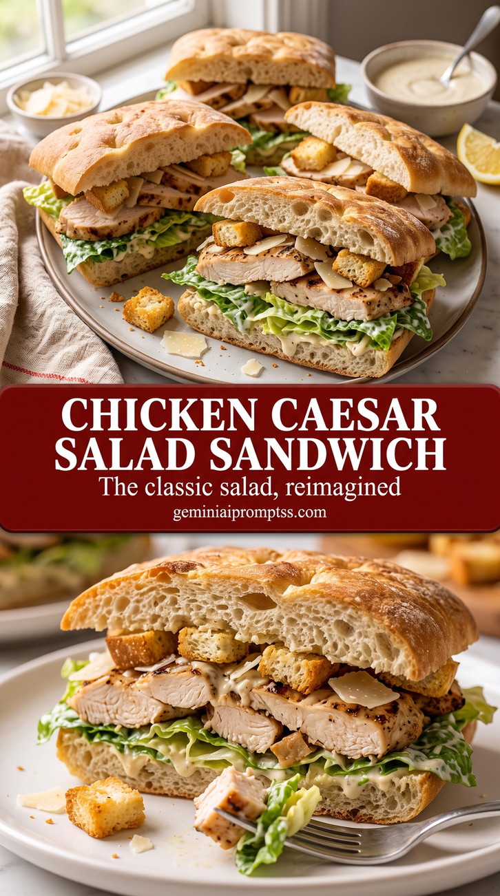 Chicken Caesar Salad Sandwiches on Ciabatta finished dish with chicken caesar salad sandwiches on ciabatta