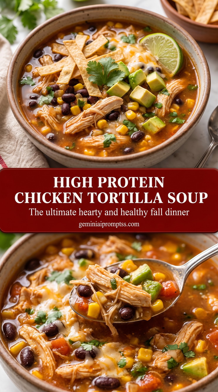 High protein chicken tortilla soup showing a hearty chicken tortilla soup with colorful toppings and crisp strips