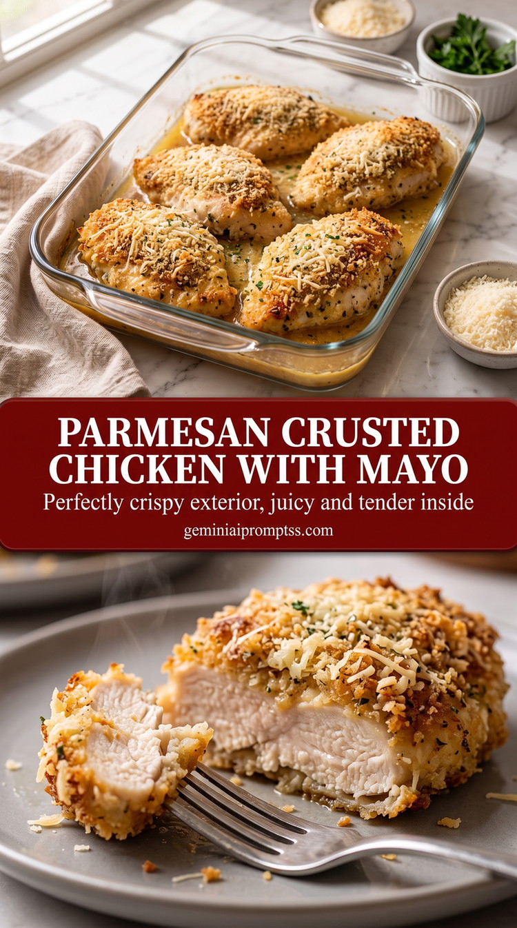 Parmesan Crusted Chicken with Mayo with golden Parmesan-crusted chicken with a crisp crumb surface and a tender white center