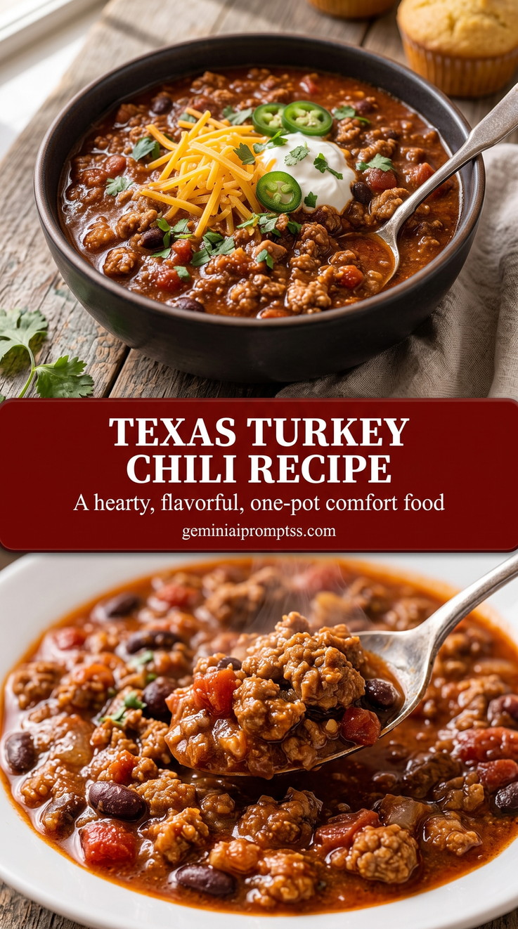 Texas turkey chili recipe with a thick Texas-style turkey chili with ground turkey, tomato, dark beans in the bowl, cheddar, sour cream, and jalapeno