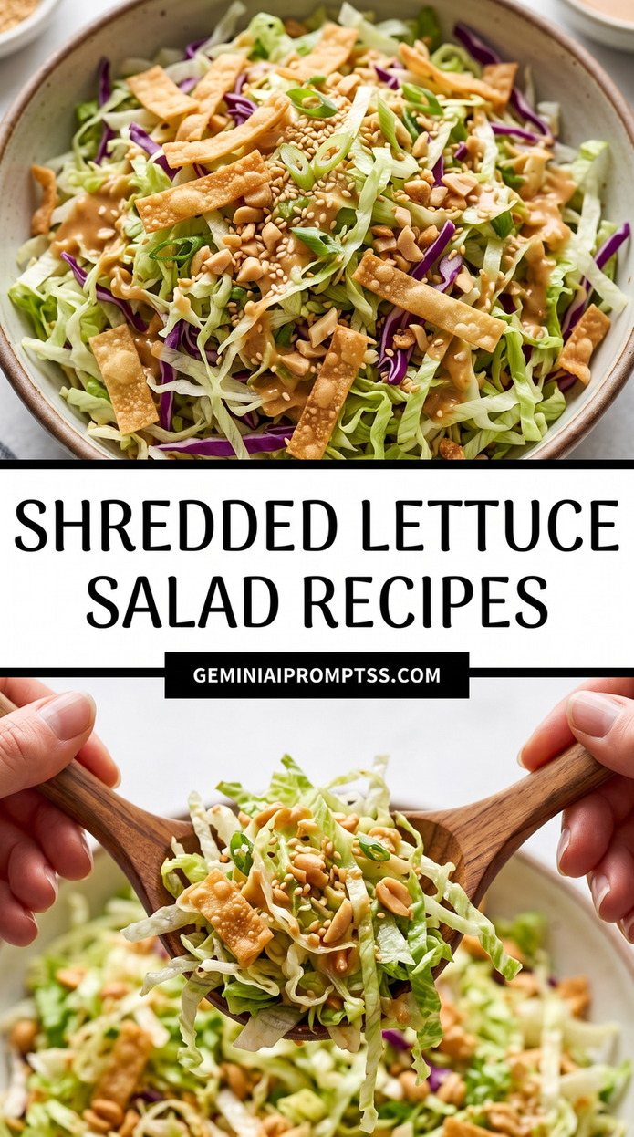 Shredded Lettuce Salad Recipes showing very finely shredded pale and purple vegetables with crunchy nuts and crispy strips
