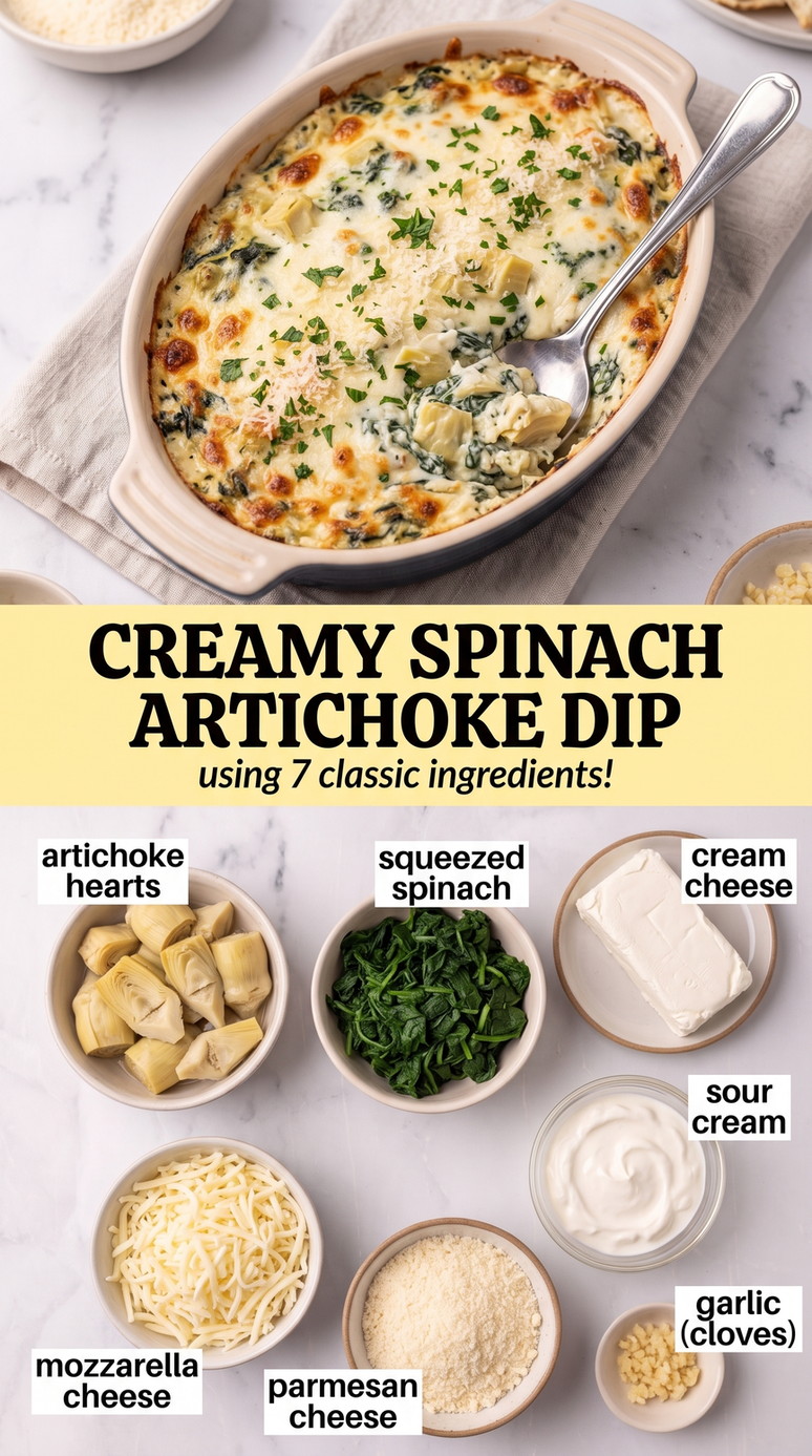 Creamy spinach artichoke dip finished dish made with artichoke hearts, squeezed spinach, and cream cheese