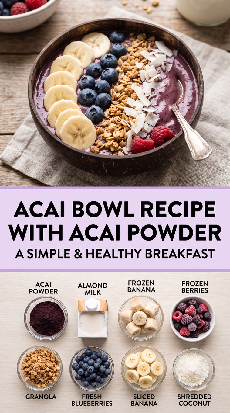 Acai Bowl Recipe with Acai Powder with acai powder bowl with banana, berries, almond milk, blueberries, granola, and coconut