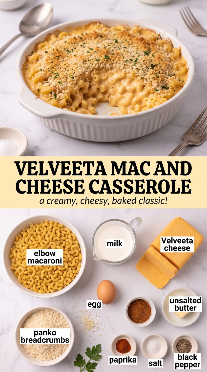 Velveeta Mac and Cheese Casserole with ultra-creamy Velveeta macaroni casserole with a paprika-speckled panko top