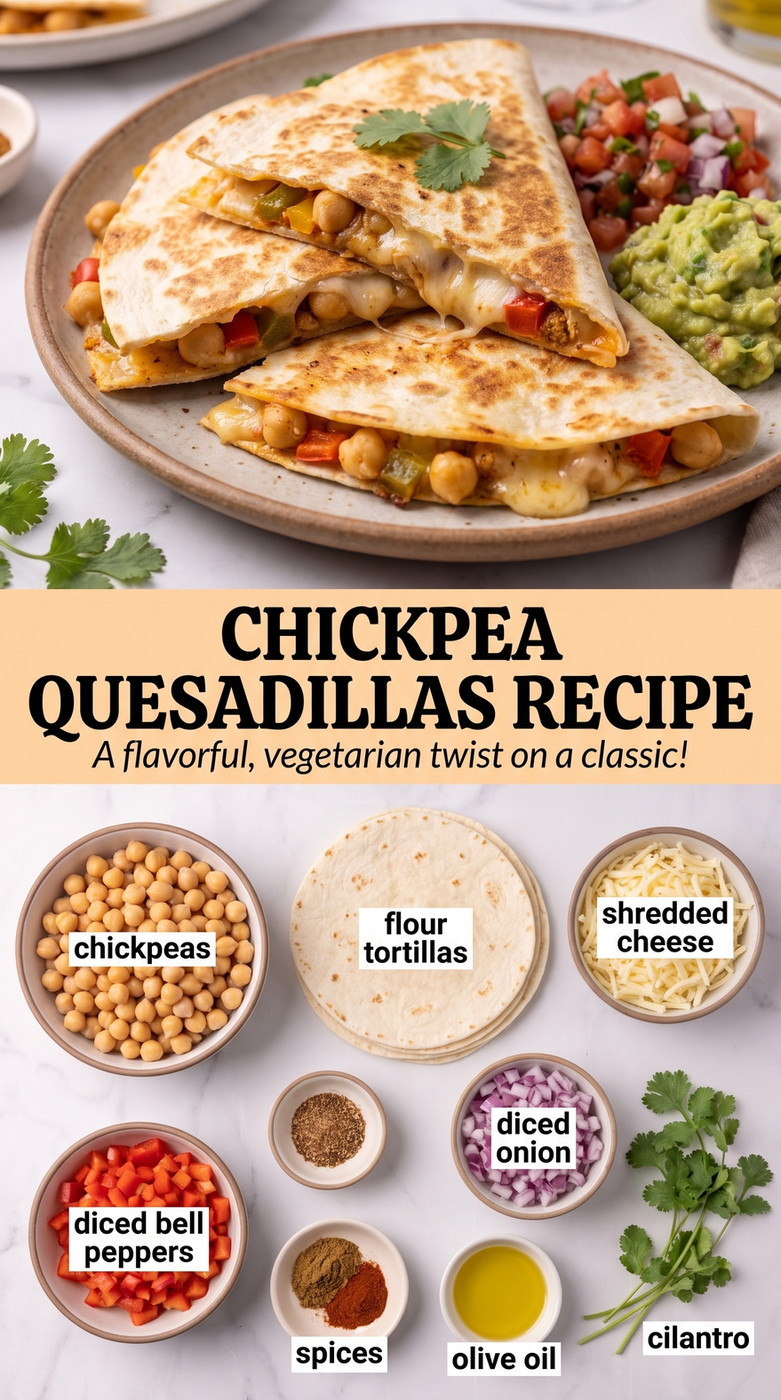 Chickpea quesadillas recipe showing golden crisp quesadillas with melted cheese and a savory filling
