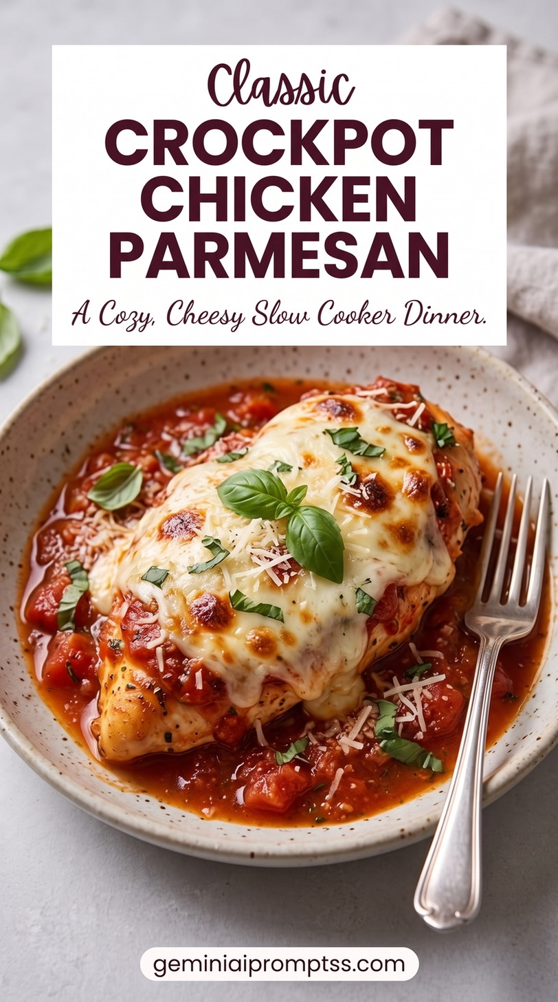Easy Crock-Pot Chicken Parmesan with chicken, golden Parmesan crust, herbs, marinara
