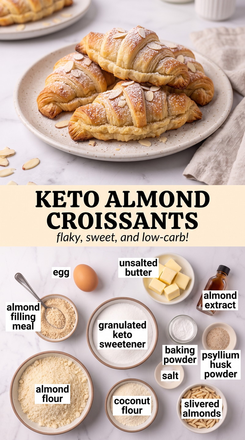 Keto Almond Croissant Recipe showing keto almond croissants with almond filling, almond flour and a sliced-almond top
