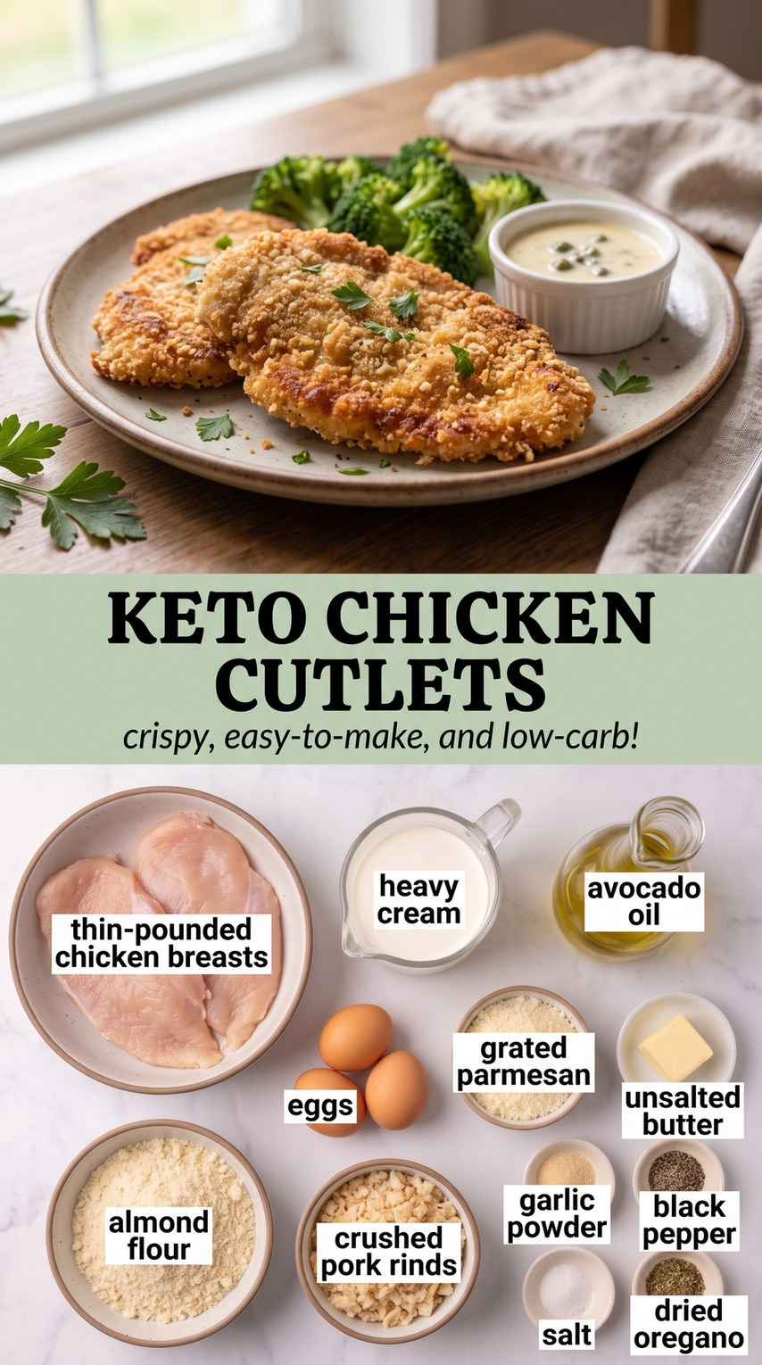 Keto Chicken Cutlets with Almond-Parmesan Crust prepared as a finished keto chicken cutlet recipe recipe with browned cutlets ready to serve