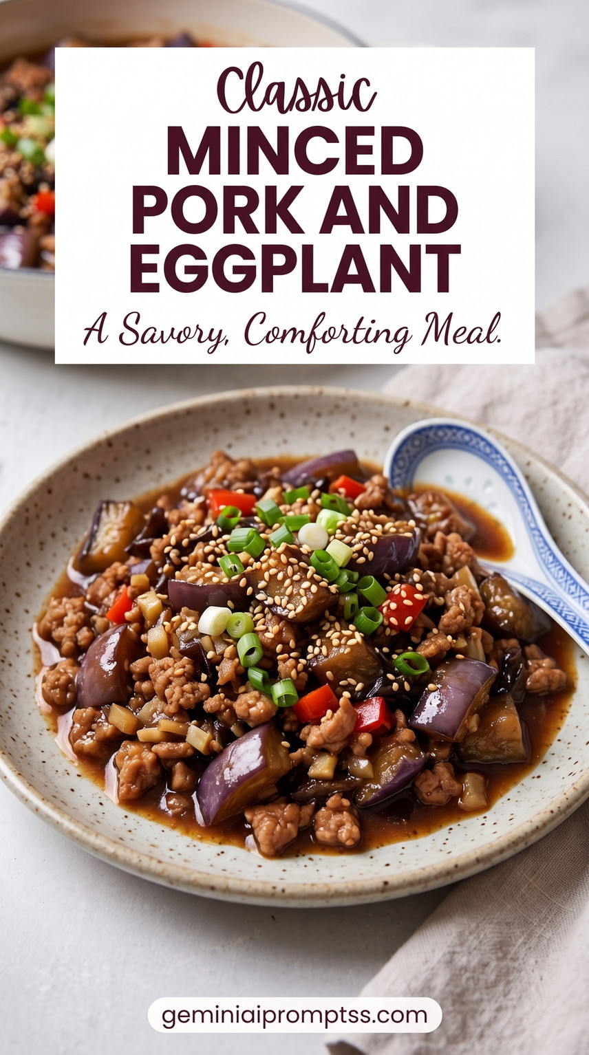 Minced Pork and Eggplant with Chili-Garlic Sauce showing minced pork and eggplant with chilies, scallions, sesame, and savory sauce