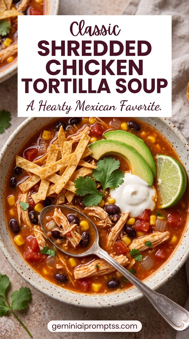Shredded Chicken Tortilla Soup with shredded chicken, tortilla strips, avocado, beans, corn, lime, and a red tomato-chile broth