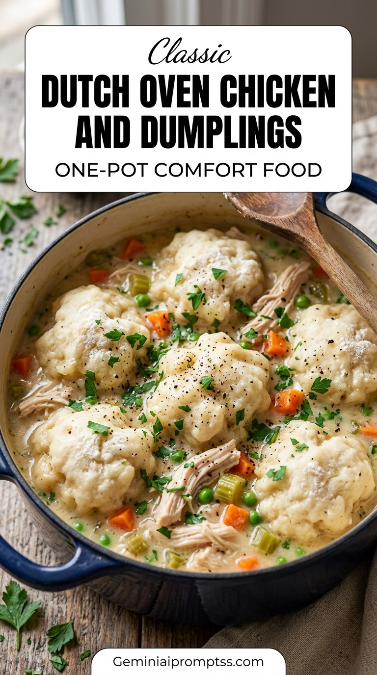 Dutch Oven Chicken and Dumplings showing Dutch oven chicken and dumplings with carrots, celery, peas or green vegetables, and fluffy herb dumplings