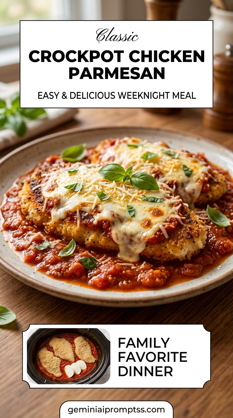 Crockpot Chicken Parmesan Recipe finished dish with marinara sauce, melted cheese