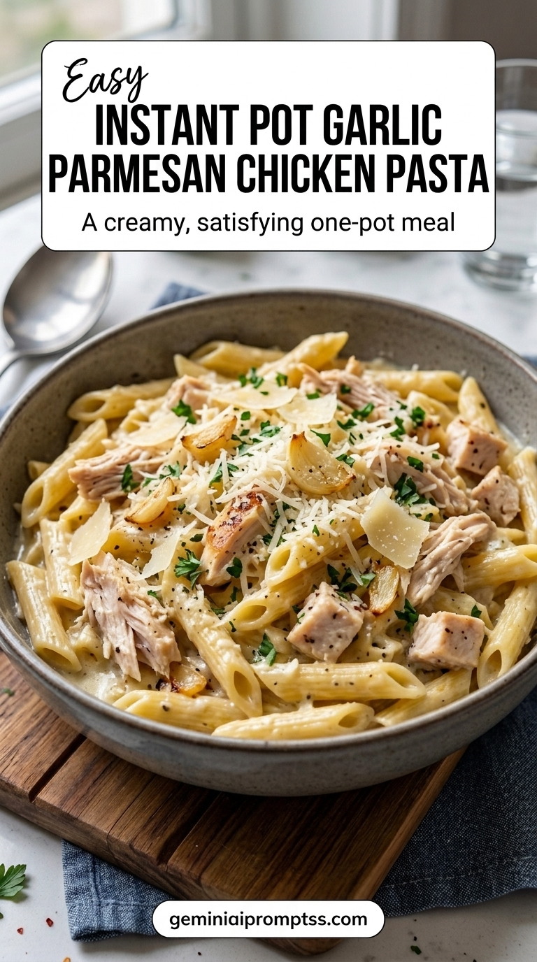 Instant Pot Garlic Parmesan Chicken Pasta finished recipe with garlic for a warm savory flavor