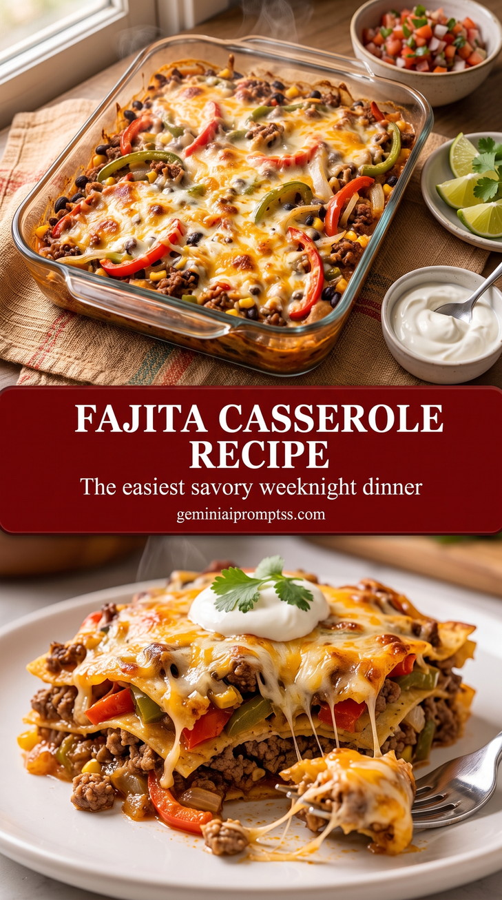 Fajita Casserole Recipe with browned chicken or steak with red and green peppers, onions, and a bright fresh finish