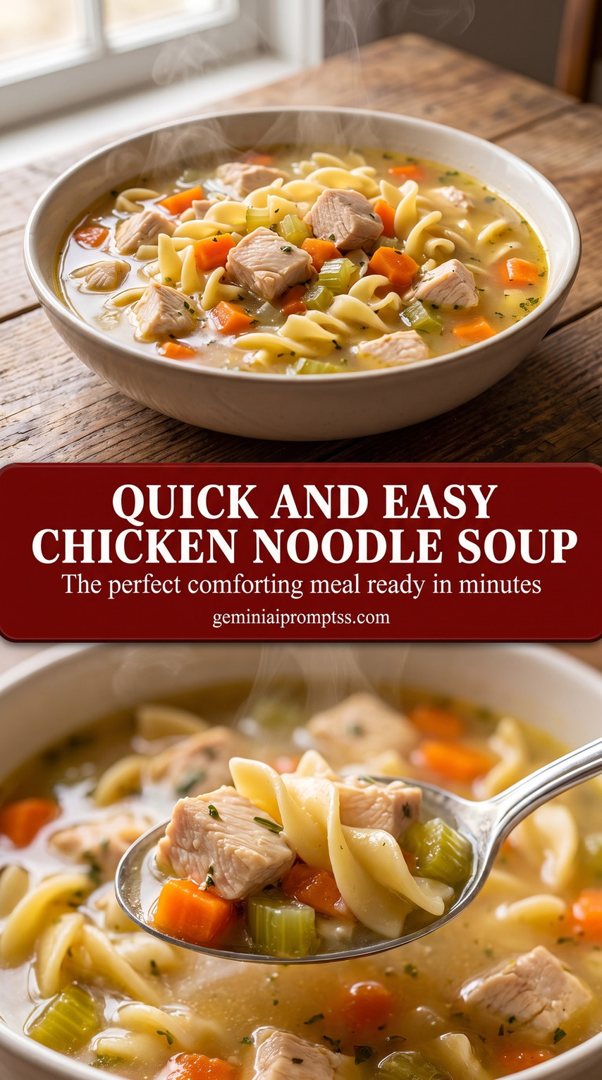 quick chicken noodle soup using shredded rotisserie chicken with rotisserie chicken, carrots, celery, and egg noodles