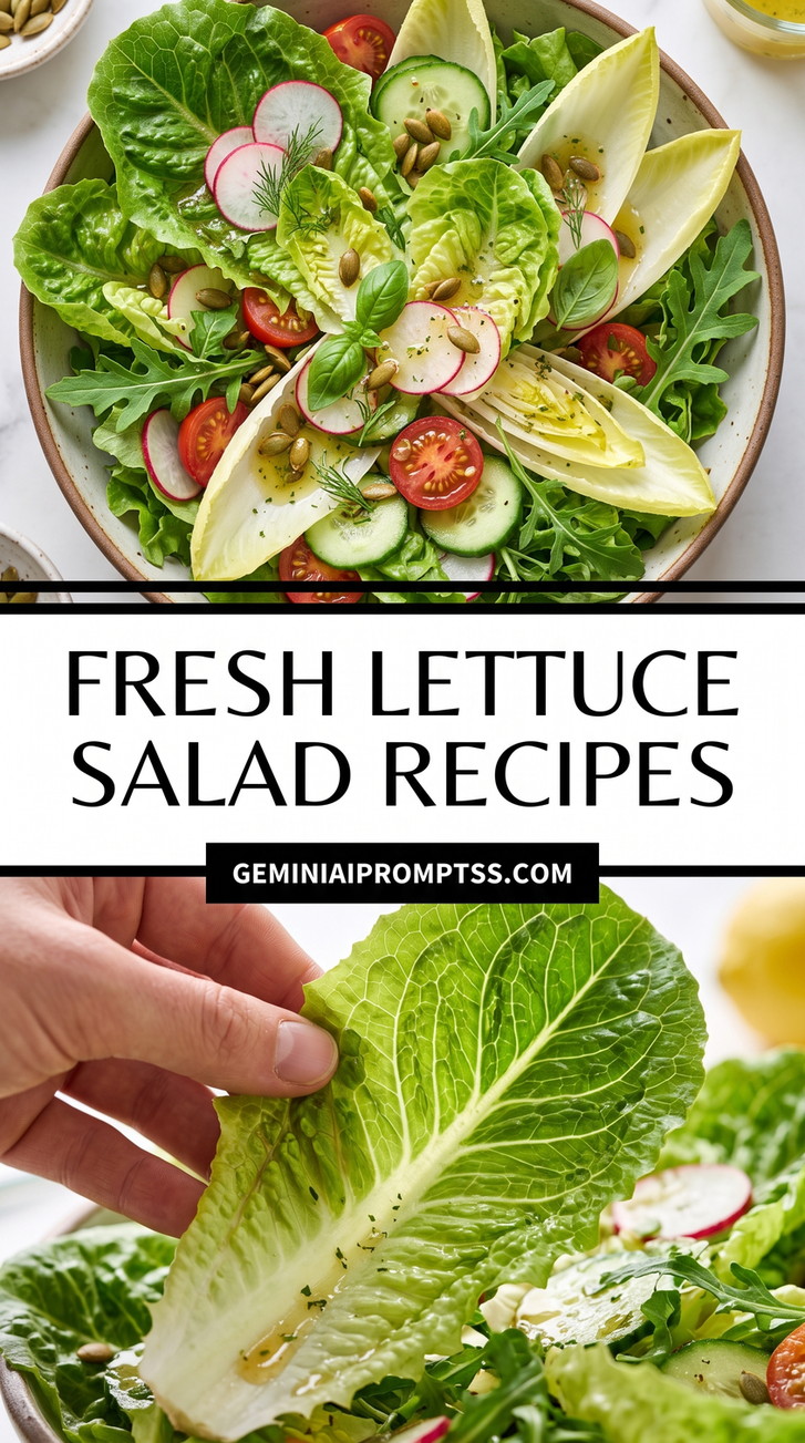 Fresh Lettuce Salad Recipes showing fresh mixed lettuce with cucumber, radish, avocado-like pale green slices, tomatoes and herbs