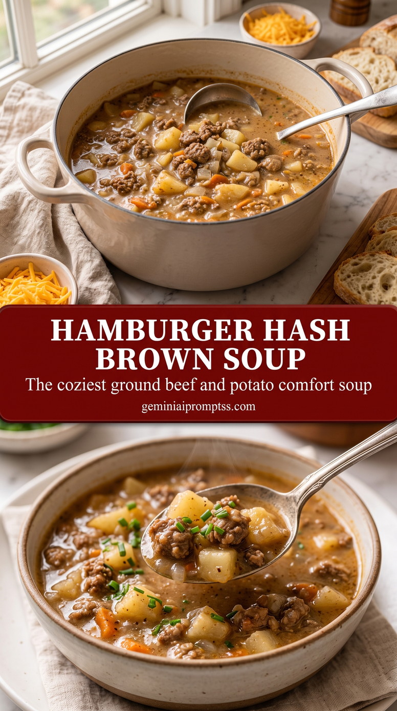 hamburger hash brown soup with a creamy hamburger hash brown soup with ground beef, potato cubes, carrots, onion, broth, herbs, and cheddar nearby
