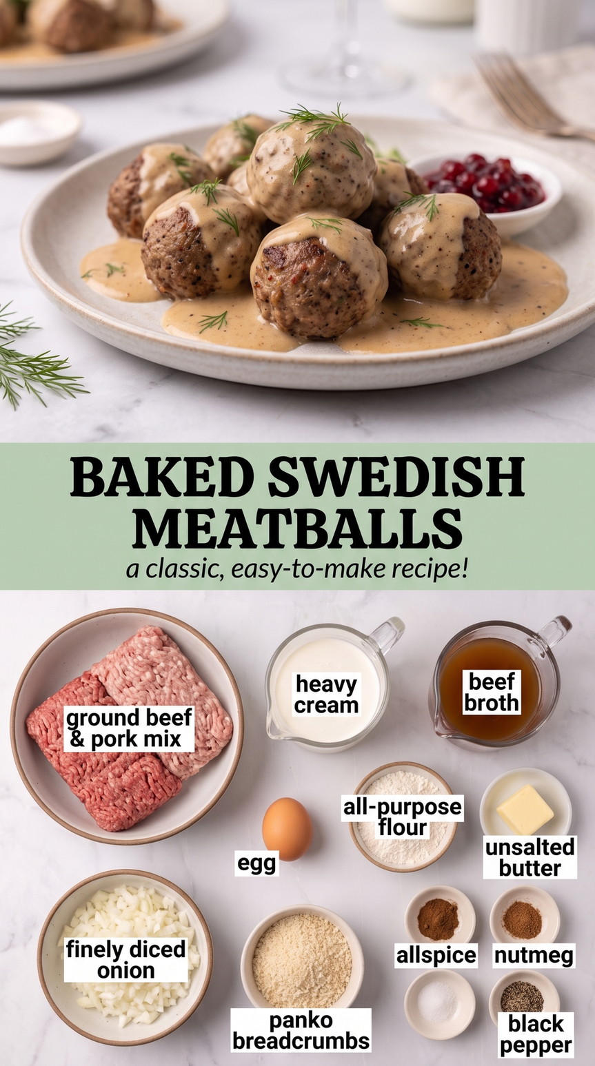 Baked Swedish meatballs finished dish made with ground beef and pork mix, heavy cream, and beef broth
