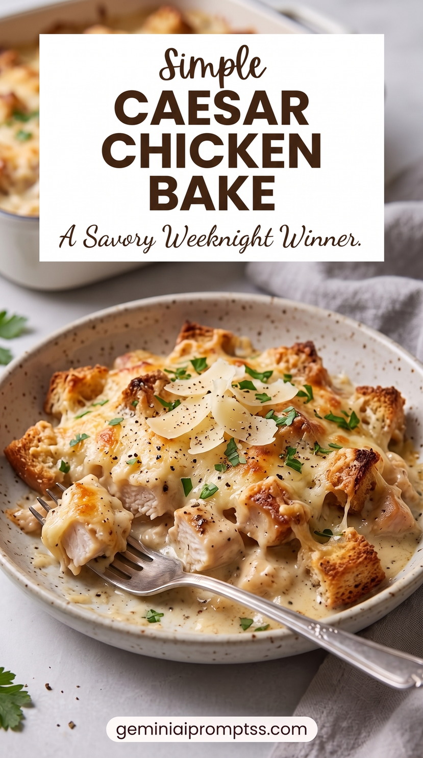Caesar Chicken Bake with baked chicken with a creamy Caesar-Parmesan coating, a crisp crouton crumb top, and fresh herb garnish