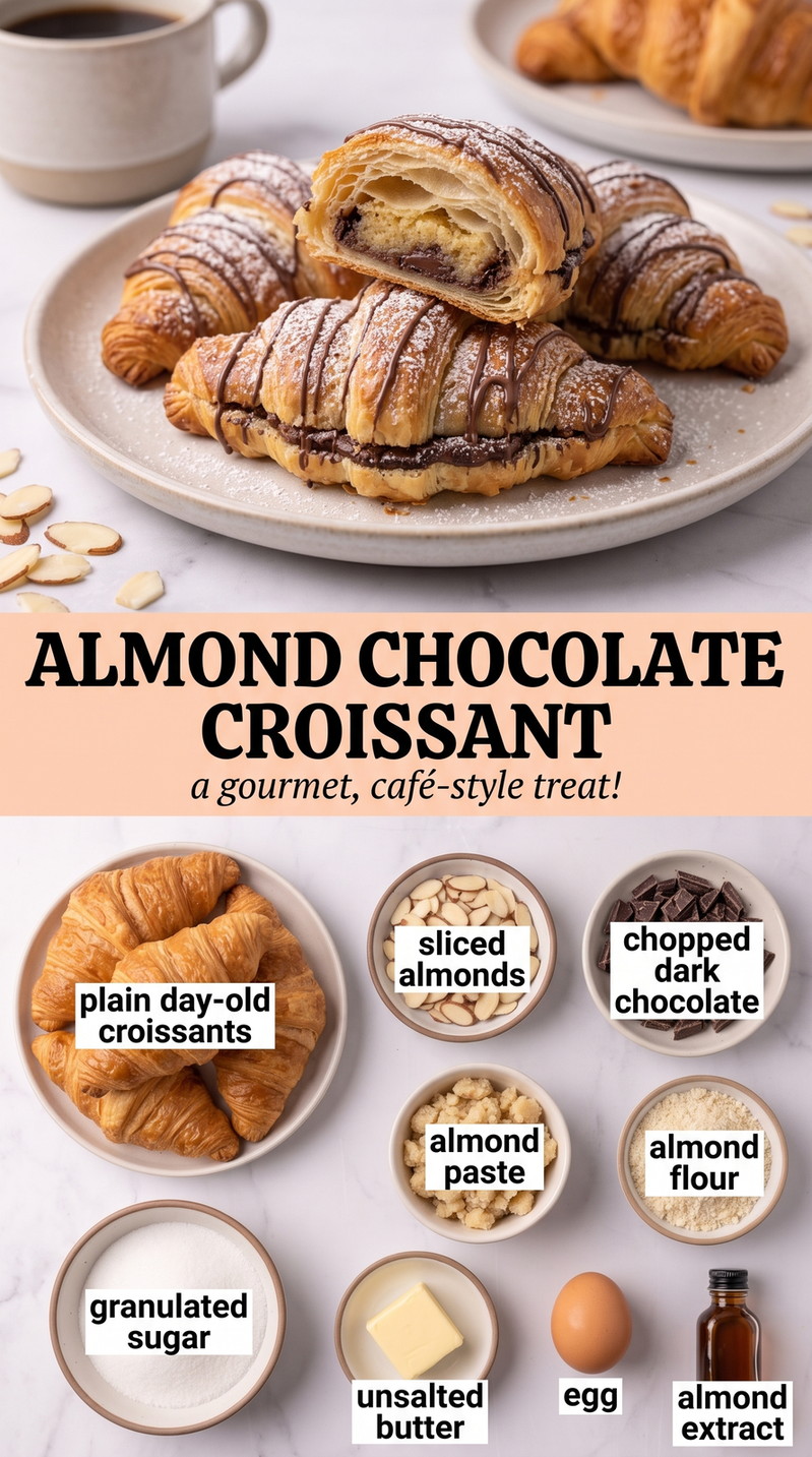 Almond Chocolate Croissant Recipe showing flaky almond croissants with a dark chocolate center and sliced almonds