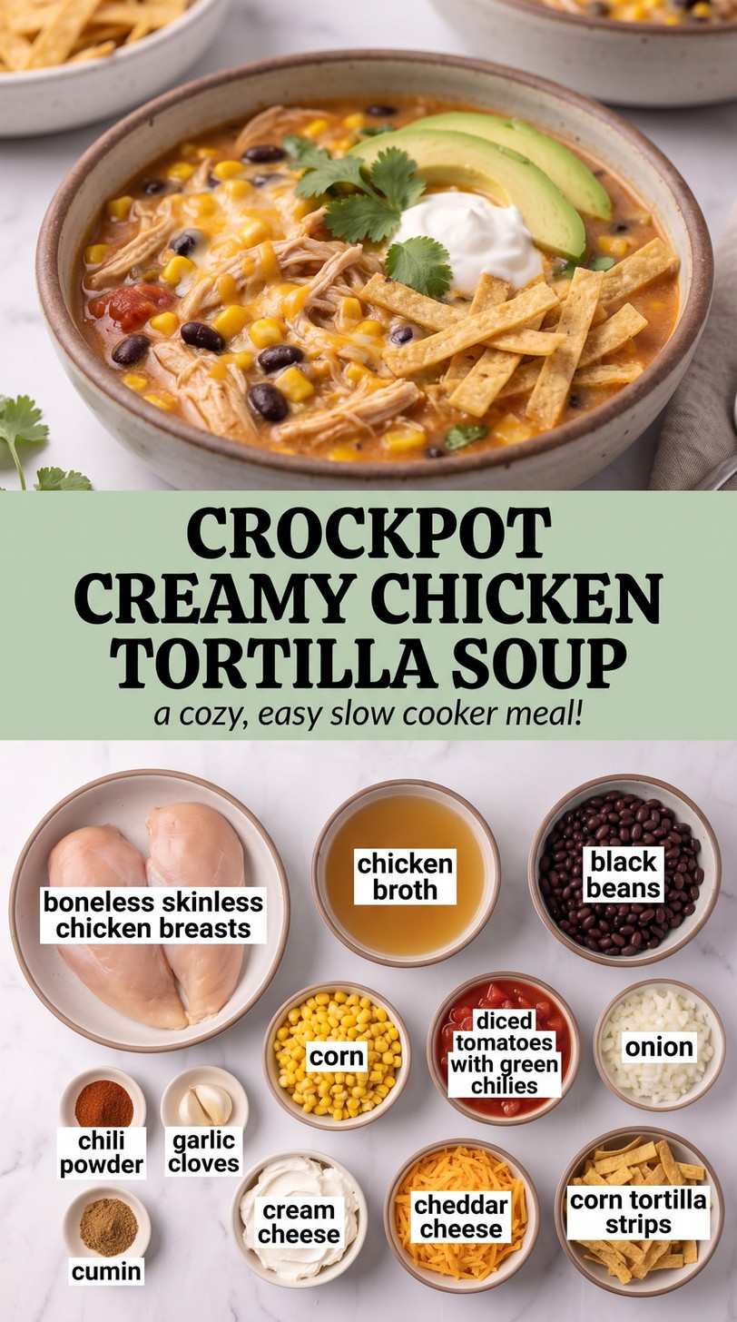 Crockpot creamy chicken tortilla soup showing a tomato-based chicken soup with corn, beans, avocado, and crisp tortilla strips