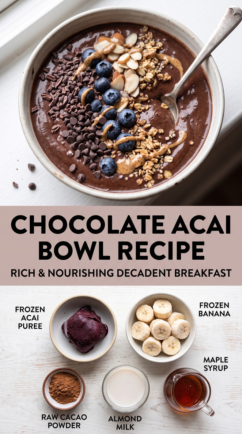 Chocolate Acai Bowl Recipe with chocolate acai with cocoa, banana, almond milk, maple syrup, blueberries, and chocolate pieces