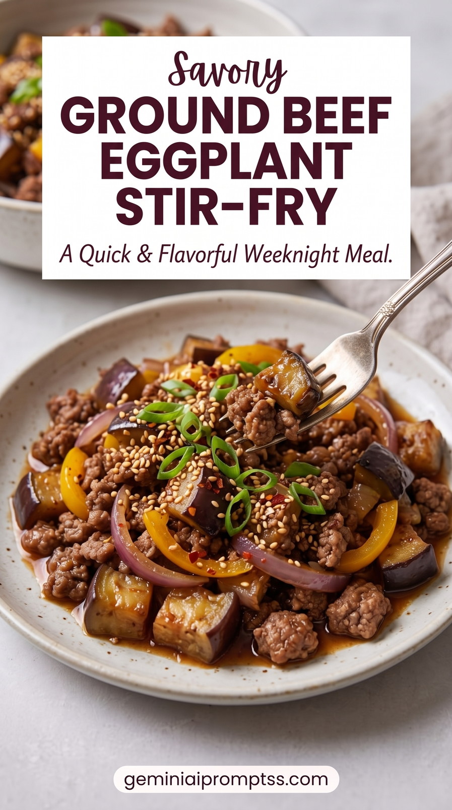 Ground Beef Eggplant Pepper Stir-Fry showing ground beef and eggplant with red onion, yellow pepper, scallions, and sesame