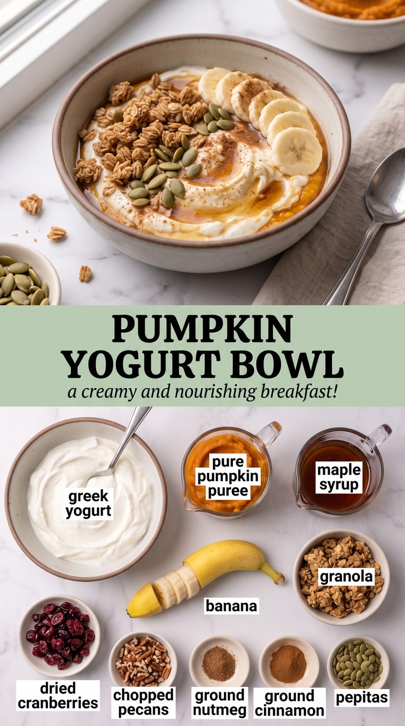 Pumpkin Yogurt Bowl showing pumpkin yogurt with banana, granola, cranberries, pecans, pepitas, maple, and cinnamon