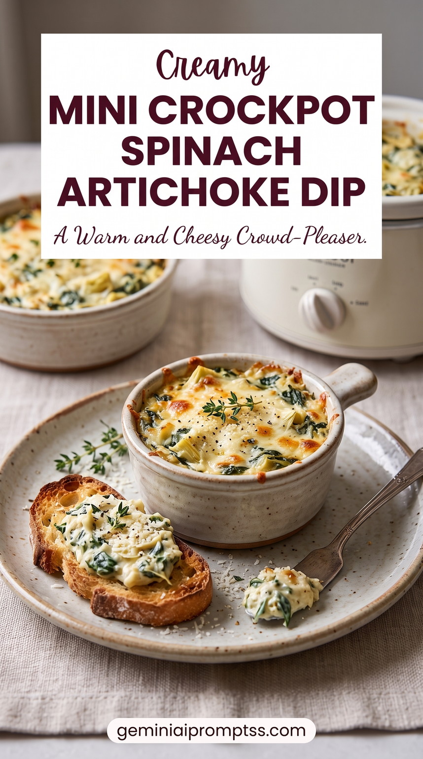 Mini crockpot spinach artichoke dip showing a small slow-cooker dip designed to stay warm and creamy for a small gathering