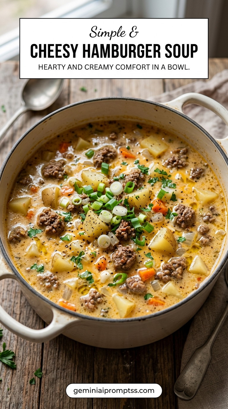Cheesy Hamburger Soup showing cheesy hamburger soup with beef, potatoes, carrots, celery, melted cheddar, green onions, and parsley