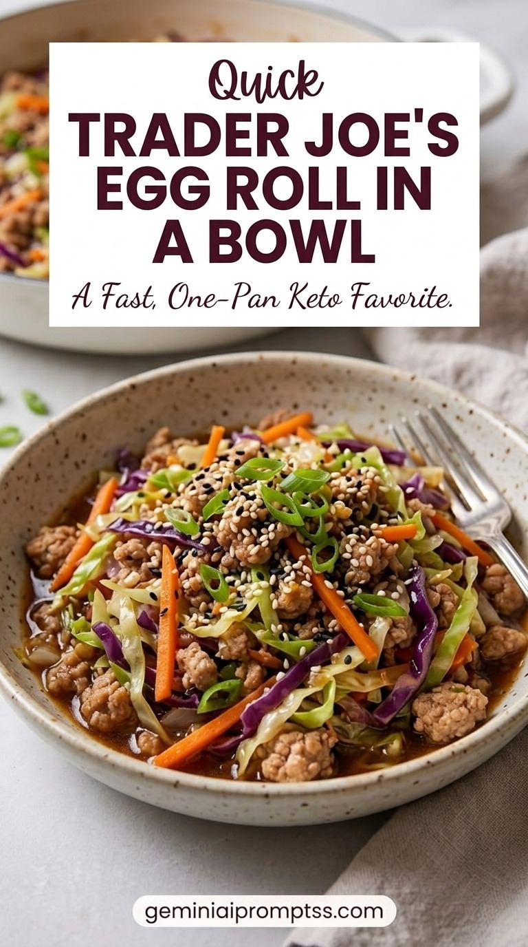 Trader Joe's Egg Roll in a Bowl showing lean ground turkey with cabbage, carrots, onion, ginger, garlic, scallions, sesame, and savory sauce